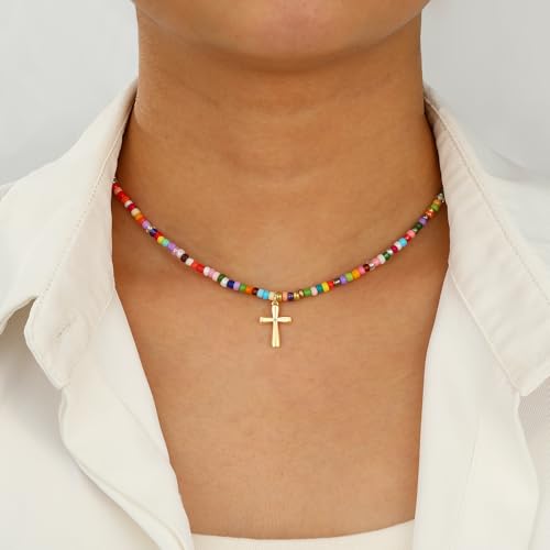 Colorful Beaded Cross Necklace for Girls Women, 14K Gold Plated Pendant Baptism Birthday Christian Religious Gifts Trendy Stuff First Communion Confirmation 15+2 Inches2