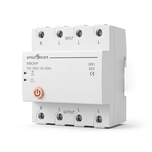 Image of amiciSmart WiFi MCB, Circuit Breaker, 220VAC 80A 3 Phase Home Automation Smart Switch Timer Mobile App Control Compatible with Alexa, White (Din Rail Mount)