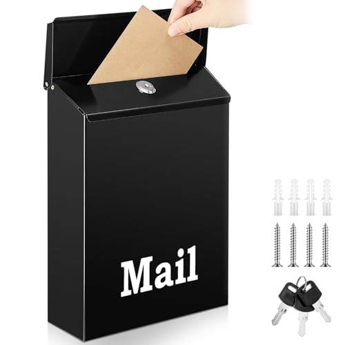 Image of MorningRo 12.2 x 8.66 x 3 Inch Large Black Wall Mount Mailbox with Lock Key for Outside Apartment Porch Rust Proof Security Key Drop Box for Letters Newspapers Cards