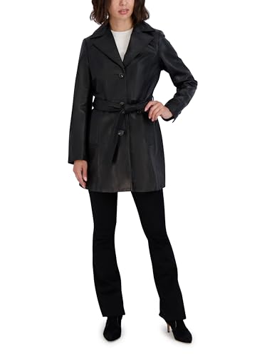 Image of TAHARI Women's Genuine Lambskin Leather Trench Coat With Notch Collar, Button Closure & Tie Belt