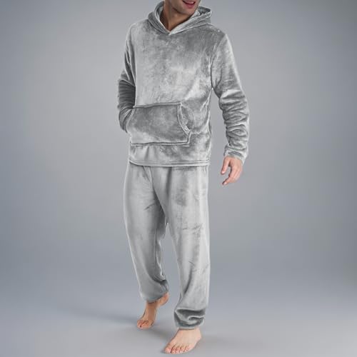 Thatrich Mens Pajamas Set Fuzzy 2 Piece Lounge Set Thermal Outfit Fleece Sherpa Loungewear Hoodies with Pockets Casual Pants3