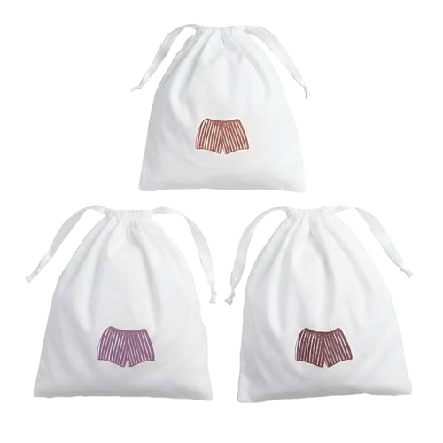 Image of Lingerie Drawstring Bags Set of 3, 15x15 inch, 100% Pure Cotton, Red Embroidery Pattern Pouch for Underwear, Swimwear, Travel Storage, Washable Beach Bags for Men (White)