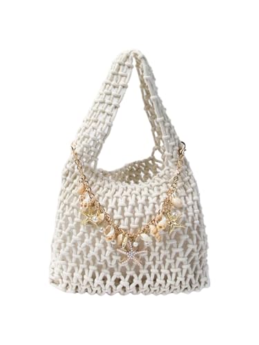 QWINEE Bolsa feminina de crochê com corrente de pérola estrela do mar, vazada, alça superior, bolsas quadradas de praia, Branco, one_size