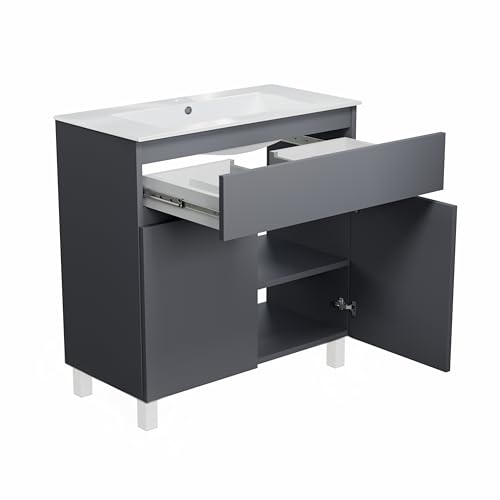 paplinskimoebel Meuble Salle de Bain 80 cm avec Vasque Ariza Sink | Meuble sous lavabo avec 1 tiroir et 2 Portes | Suspendu ou Debout | Gris Mat