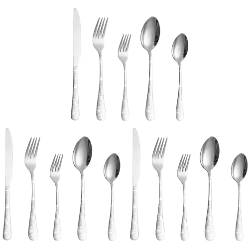 Image of aDai Sterling Silver Silverware Set | Satin Finish 15-Piece Flatware Set with Unique Floral Printed Handle | Dishwasher Safe Stainless Steel Cutlery for Home, Restaurant & Gifting