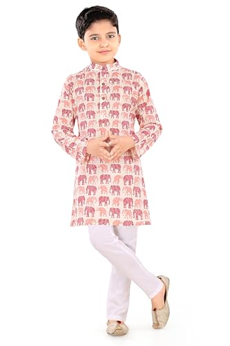 Image of TinySteps Boys Cotton Kurta Pajama | Traditional Ethnic Wear Pure Cotton Printed Kurta With Elastic Waist White Pajama