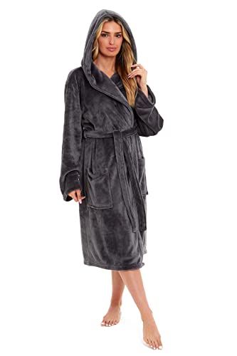 Daisy Dreamer Womens Hooded Dressing Gown Robes Flannel Fleece Long Super Soft Plush Robe Bathrobe Gowns for Ladies (Charcoal, M)