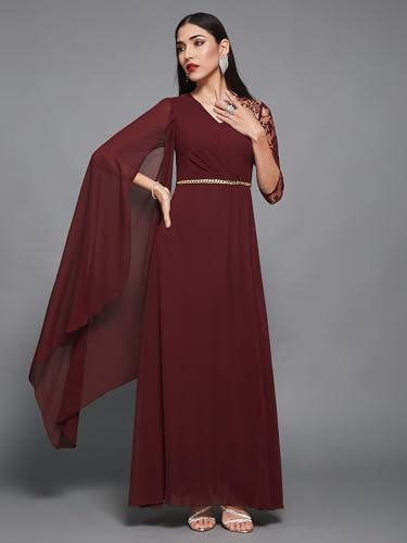 Image of Miss Chase Women's V-Neck Full Sleeve Self Design Lace-Overlaid Georgette Maxi Dress