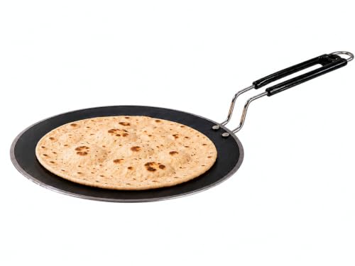 Image of Pure Iron Tawa for Roti & Chapati with Strong Steel Handle | Heavy Duty Curved Surface Iron Tava for Multipurpose Use & Health Benefits | Non-Toxic, No Chemical Layers | Gas Stove | 10 Inch, 1.5 KG