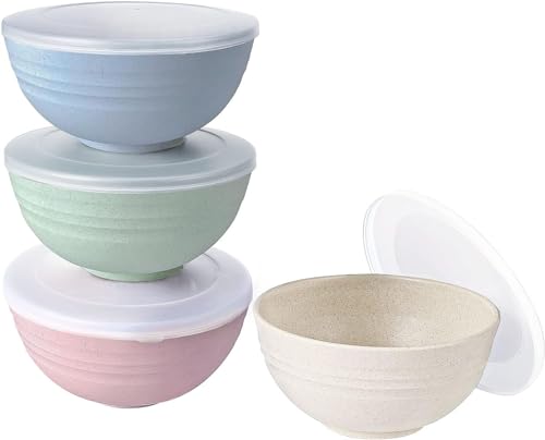 Cereal Bowls with Lid, BPA Free Reusable Plastic Bowl Set, Dishwasher Safe Kitchen Bowls for Cereal, Soup, Salad, Rice, Food Storage & Mixing, Unbreak