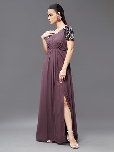 Image of Miss Chase Women's Round Neck Sleeve Embellished Fit Flare Maxi Dress