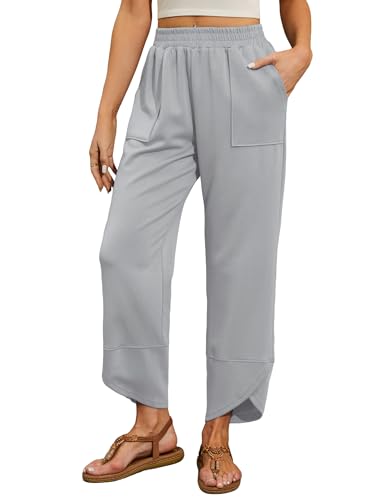 Quenteen Womens Wide Leg Pants Elastic Waisted Cropped Casual Pants with Pockets Harem Pants