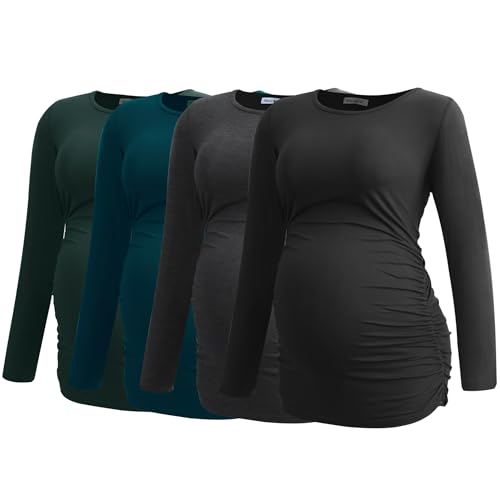 Smallshow Womens 4 Pack Maternity Shirts Long Sleeve Ruched Pregnancy Clothes Tops Black-Deep Green-Deep Grey-Teal M