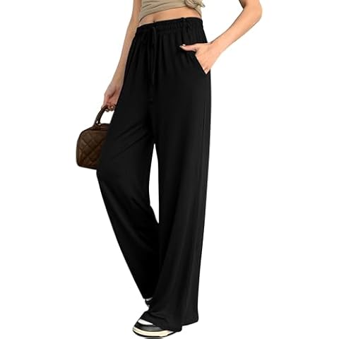 OLIKEME Black Wide Leg Pants for Women Loose Comfy Yoga Lounge Pants Drawstring Athletic Pants with Pockets (Black-L) Cover