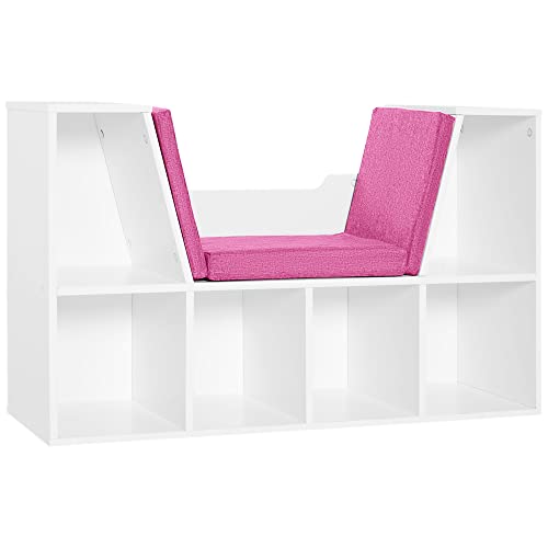 HOMCOM Bibliothèque Banc 2 en 1 Design Contemporain 6 casiers 3 Coussins fournis 102L x 30l x 61H cm Blanc Rose