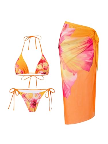 SOLY HUX Women's Bathing Suits 3 Piece Swimsuits Floral Halter High Cut Bikini Set with Mesh Coverup Wrap Skirts