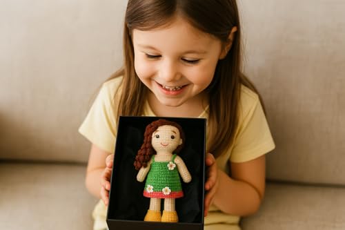 Image of Sutra Handmade Crochet Doll with Green Dress & Flowers | Amigurumi Wool Plush Toy | Soft Gift for Kids, Nursery & Home Decor