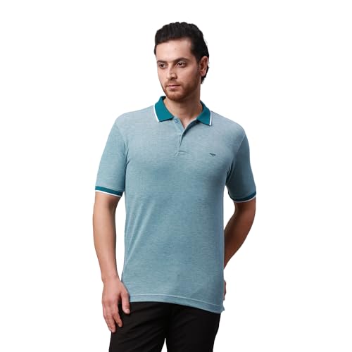 Image of Park Avenue Men's Cotton Polyester Blend Stripe Pattern Slim Fit Rib Collar Polo Neck Half Sleeve Casual T-Shirt