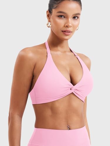 Image of YEOREO Halter Sports Bras for Women Low Impact Removable Padded Adjustable Deep V Bra Seamless Workout Gym Crop Tops