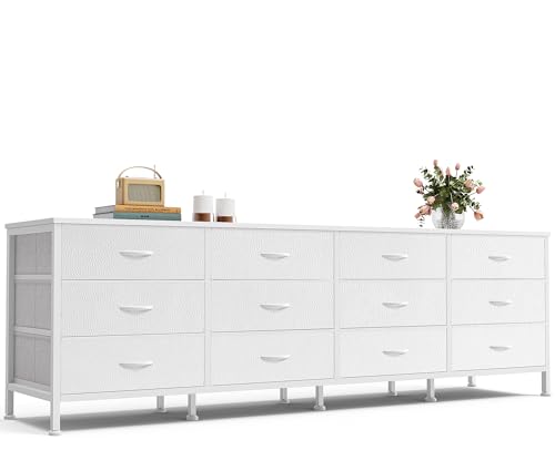 Huuger 70 Inch Dresser for Bedroom, TV Stand for 65, 75, 80 Inch TV, 12 Fabric Drawer Long Dresser, Large Storage Organizer Unit, Wide Chest of Drawer with Storage, for Living Room, White