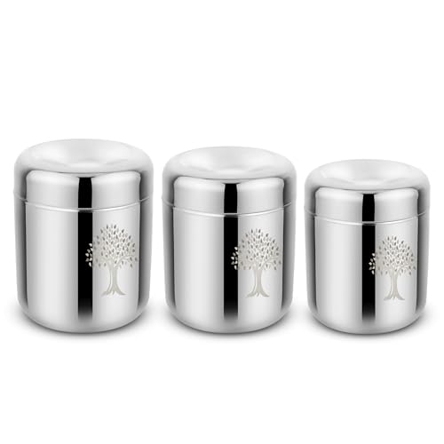 Image of 304 Grade Stainless Steel Canisters /Containers Set Of 3 Pcs (350, 550 & 700ml) Permanent Laser Design - Tree, Looks Beautiful, Attractive & Elegant - Durable, Safe & Unbreakable