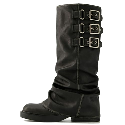 Image of ClassicSter Fold Over Knee High Boots Slouch Boots for Women Chunky Goth Platform Boots,2 inch Heel Wide Calf Long Boots Square Toe Riding Boots