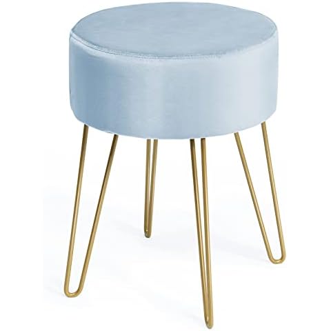 Multigot Round Velvet Ottoman, Lightweight Upholstered Pouffe Stool, Dressing Table Seat with Metal Legs for Bedroom, Living room and Makeup Area (Blue) Cover