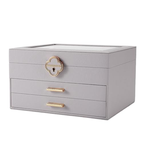 Boîte de rangement de bijoux exquise en cuir triple niveau avec vitrine rabattable