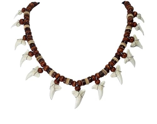 13! Genuine Shark Teeth Necklace for Men, Mako Shark Tooth Necklace, Handmade Wooden Beads Cords Shark Tooth Necklace for Women Jewelry AA086