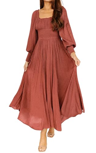 R.Vivimos Women's Puff Long Sleeve Maxi Dress Square Neck Elastic Empire Waist Swiss Dots Casual Flowy A-Line Long Dresses (Medium, Brick Red)