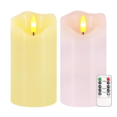 Image of Flameless Candles Light, Set of 2 6 inchx3 inch Flickering Pastel Spring LED Candles with Remote & Timer, Dimmable Real Wax Easter Pillar Candles Battery Operated for Home Spring Easter Decor (Pink Yellow)