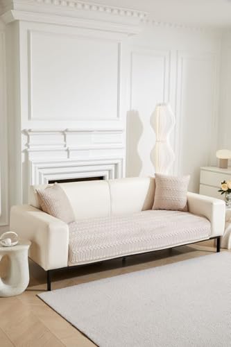 Image of HOMETHREADS Premium Embroidered Cotton Sofa Cover Mat with PVC Backing for Non-Slip Comfort (Beige, 1 Seater | 70x70cm)
