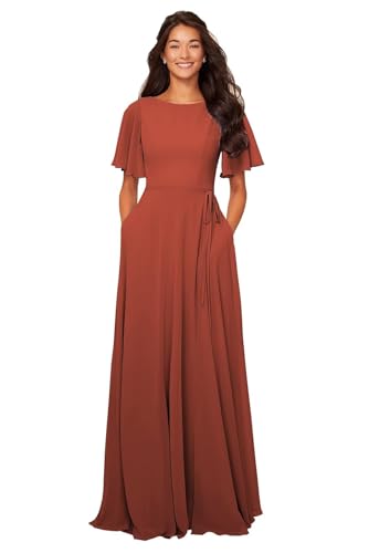 Image of petyoo Chiffon Flutter Sleeve Bridesmaid Dresses with Pockets Sash Long A Line Formal Dress