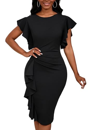 Womens Short Ruffle Sleeve Church Dress 50S Vintage Crew Neck Bodycon Work Pencil Midi Dress2