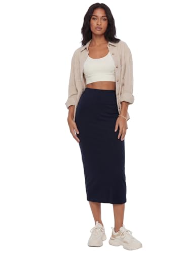 Image of Rooscier Women's High Waisted Pencil Midi Skirt | Stretchy Bodycon Knee Length Skirts with Back Slit