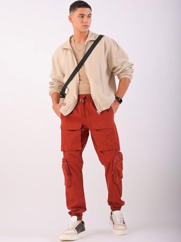 Image of The Indian Garage Co Men Regular Fit Solid Mid-Rise Elasticated Cuffed Cargo Joggers