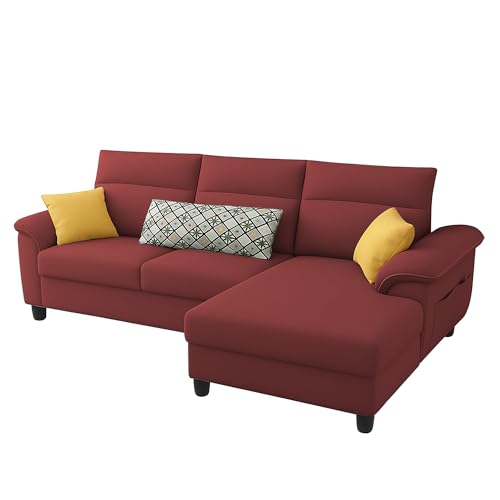 Image of Casaliving Seams RHS 4 Seater L Shape Sofa for Living Room (Maroon Fabric) Premium Fabric Sofa