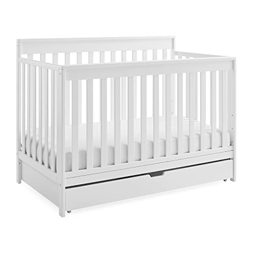 Image of Delta Children Mercer 6-in-1 Convertible Crib with Storage Trundle, Greenguard Gold Certified, Bianca White