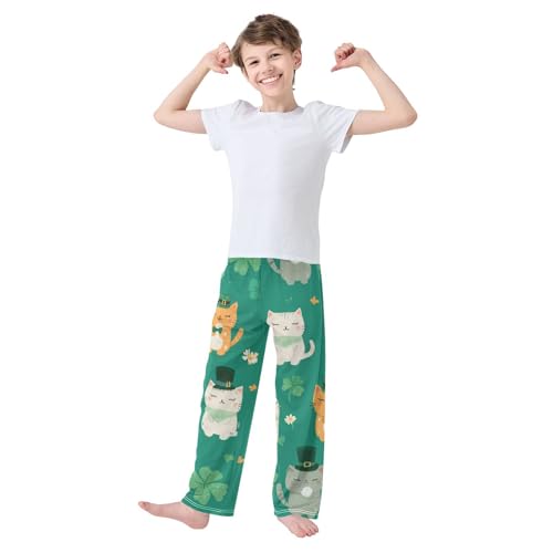 Lucky Clover Cat Boys Long Pants Soft Trousers Elastic Waist Kids Lounge Bottoms with Pockets S-XL3