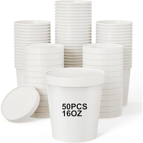 Bhina 50 Pièces 16 OZ Tasses à Soupe Jetables avec Couvercle, Gobelets à Soupe à Emporter, Tasses à Soupe Carton, Gobelets en Papier à Glace, pour Micro-Ondes et Aliments Surgelés (Couvercle Blanc)