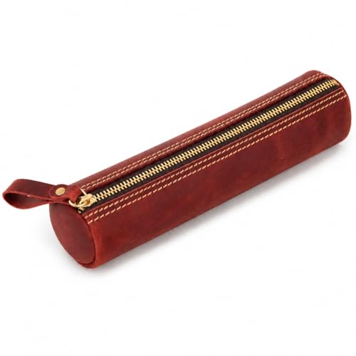 Image of ECHSRT Genuine Leather Pencil Pouch, Classic Cylinder Pen Bag - Red | Full-Grain Cowhide Leather, Crazy Horse Finish, Single Zipper, Vintage Pen Organizer for Adults