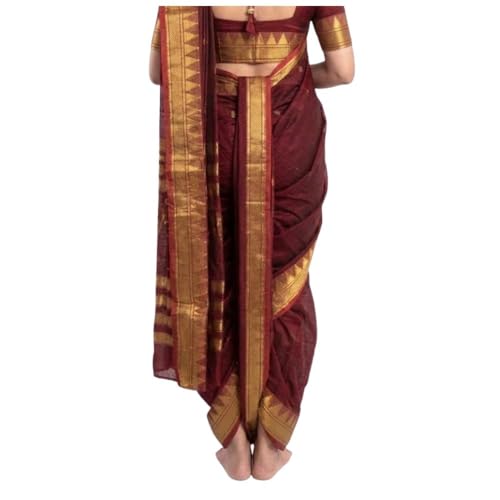 Image of Mom and Me Women Ready to Wear Nauvari Saree, Maharashtrian Peshwai Paithani, 9 Yard Readymade, Acrylic Cotton, Free Size, Traditional Ethnic Saree, with Blouse Piece