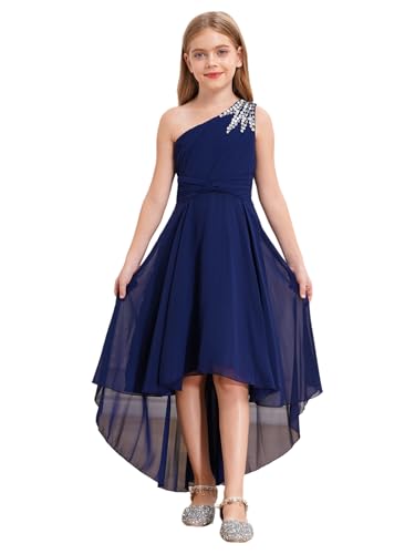 Vxuxlje Enfant Fille Robe Soirée Princesse Une Epaule à Strass Plissé Robe Demoiselle d'honneur Mariage Cérémonie Robe de Fête Bal Carnaval 6-16 Ans Bleu...
