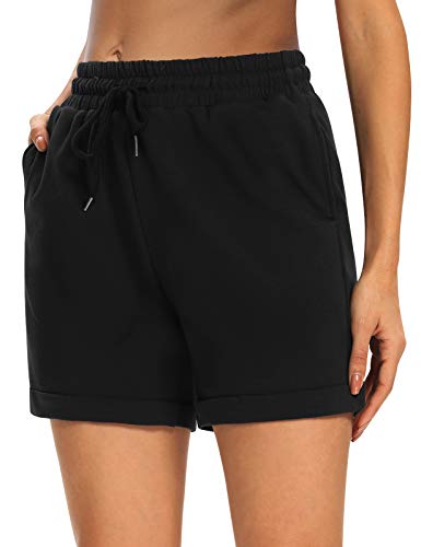 OYANUS Womens Yoga Shorts Drawstring Workout Bermuda Sweat Shorts with Pockets Black S