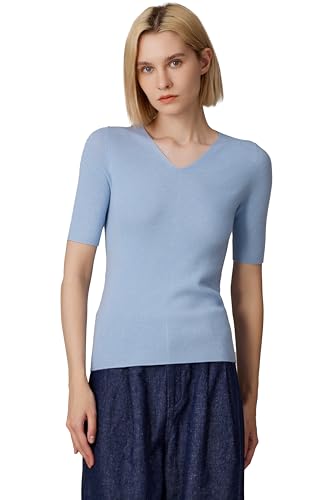 JENNIE LIU Women's Merino Wool Lurex Sweater | Shimmer V-Neck Short Sleeve Ultra Soft Machine Washable Pullover for Women