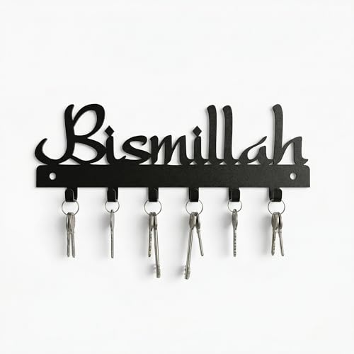 Image of Ventuos Bismillah Islamic Metal Key Holder Wall Hanging | 1.2 mm Thick Mild Steel | Decorative Entrance Key Stand | Home & Office Wall Decor | Black