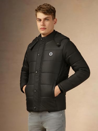 Image of Dennis Lingo Men Black Solid Regular Fit Full Sleeve Hooded Padded Jacket