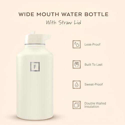 Image of IRON FLASK Camping & Hiking Hydration Flask with Straw, Wide Mouth Insulated Stainless Steel Sports Water Bottle - Cashmere Cream 64 oz - Straw (1 Lid)