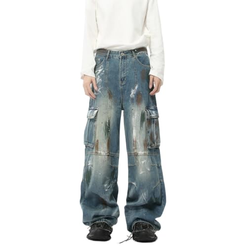 Men's Vintage Multi Pocket Tie Dye Jeans Loose Fit Y2K Skater Pants Streetwear