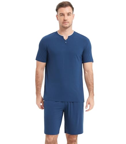 Image of NACHILA Pajamas Set for Men-Viscose Made from Bamboo, Short Sleeve Sleepwear Soft Pj with Shorts Cool Loungewear